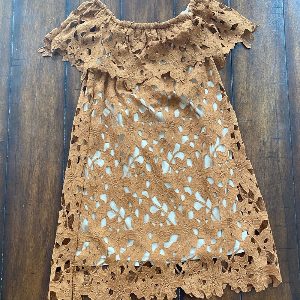 Bronze dress w/ cut out detail, off the shoulder